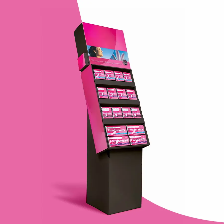 Tall printed floor display stand holding four tiers of product
